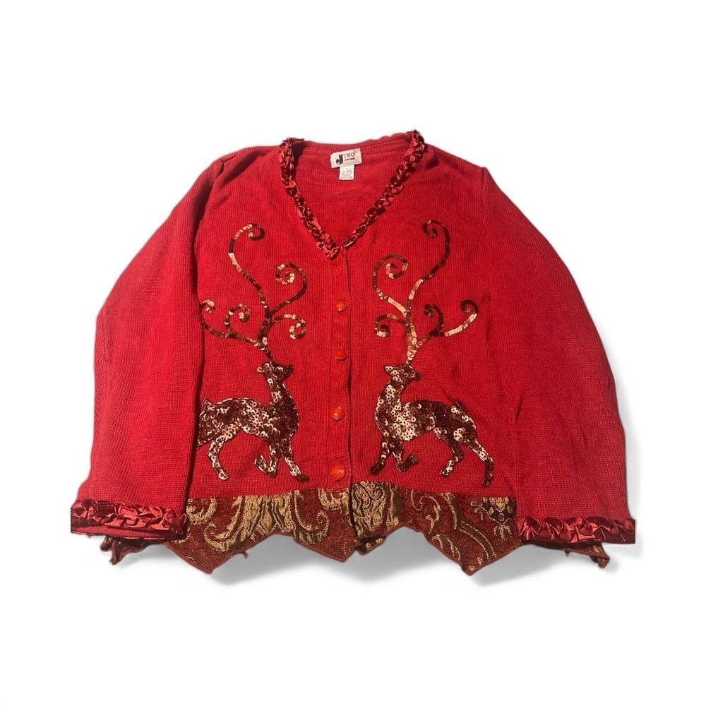 JTWO Newyork Christmas Sweater Button Up Red Cotton‎ Ramie Sz Large Lots Sequins